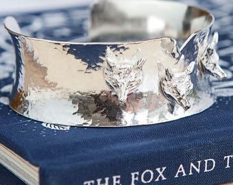 Pulsera de puño con cabeza de zorro 3D Fox Animal Plata de ley Reino Unido Con sello