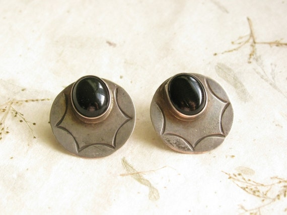 Retro Silver Obsidian Earrings with American Indi… - image 3