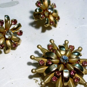 Spikey Starburst Flower Brooch Set with Pink Rhinestones Lovely Layered Brass image 3