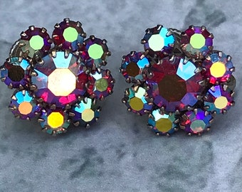 Cute Magenta, Pink and Blue Aurora Borealis Prong Set Rhinestone Screw On Earrings