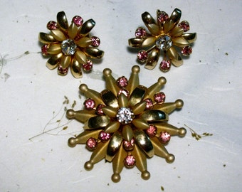 Spikey Starburst Flower Brooch Set with Pink Rhinestones Lovely Layered Brass