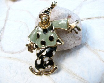 Vintage Jointed Enamel Clown Brooch Black and White Dots