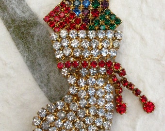 Rhinestone Christmas Stocking Brooch with Presents