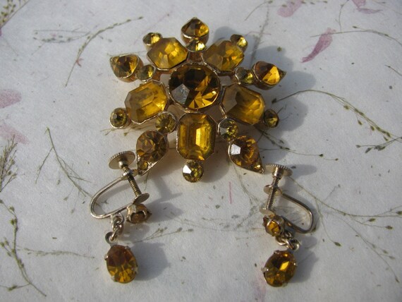 Vintage Coro Married Yellow Rhinestone Brooch wit… - image 3