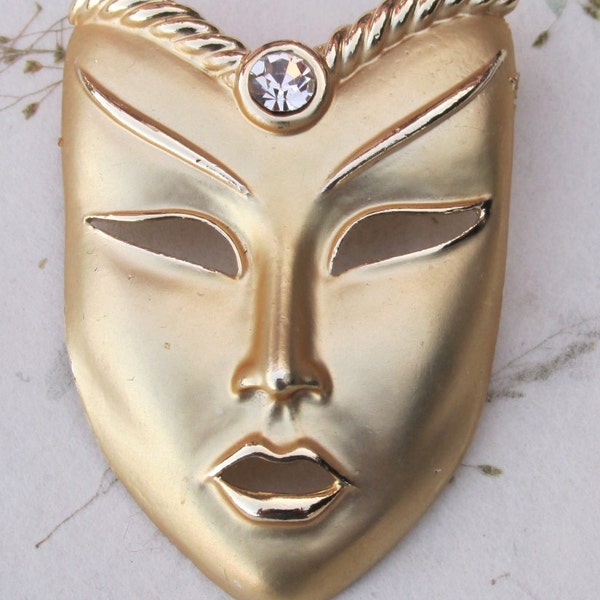 Vintage Mardi Gras Mask Brooch Gold Tone with Rhinestone