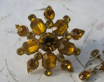 Vintage Coro Married Yellow Rhinestone Brooch with Coro Yellow Rhinestone Earrings