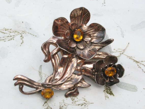 Sterling Silver Flower Brooch with Yellow Rhinest… - image 2