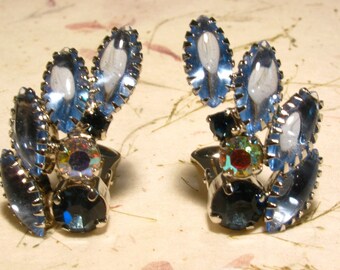 Blue Art Glass and Rhinestone Silver Tone Clip On Earrings