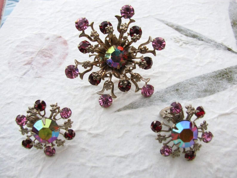 Vintage Pink and Red Rhinestone Starburst Brooch and Earring Set Etsy
