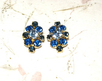 Three Tone Blue Rhinestone Earrings Made in Austria Brass