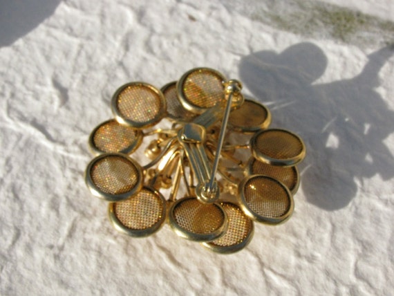 Mod Gold Tone Screen Flower Brooch with Rhineston… - image 3