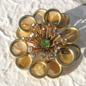 Mod Gold Tone Screen Flower Brooch with Rhinestones