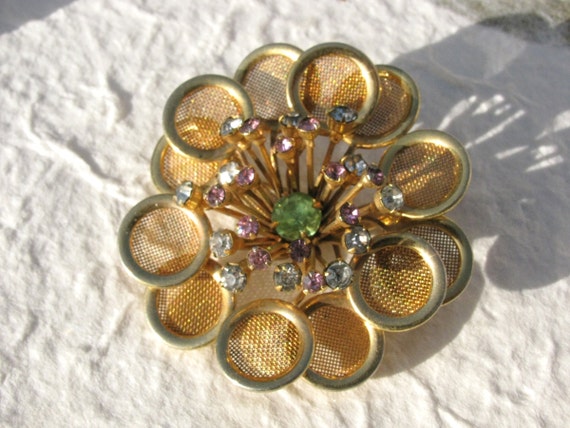 Mod Gold Tone Screen Flower Brooch with Rhineston… - image 1