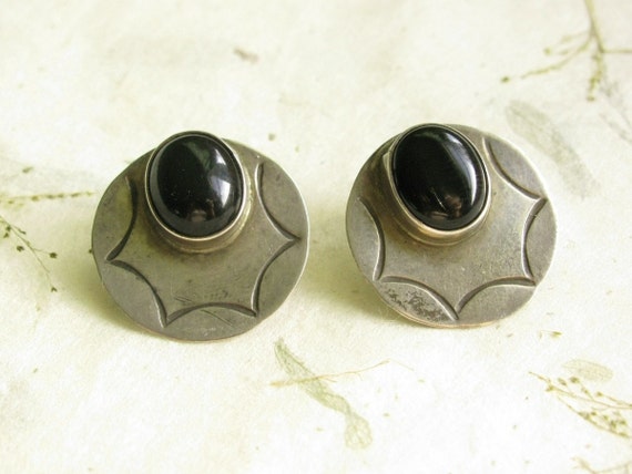 Retro Silver Obsidian Earrings with American Indi… - image 2