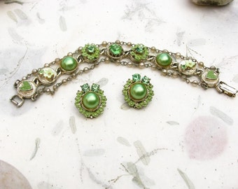 Green Shabby Chic Floral Rhinestone and Faux Pearl Demi Bracelet and Earring Set