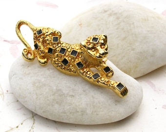 Gold Tone Leopard Brooch with Black Enamel Spots