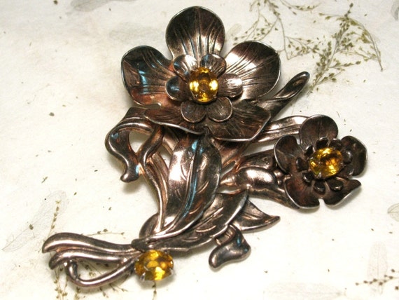 Sterling Silver Flower Brooch with Yellow Rhinest… - image 1