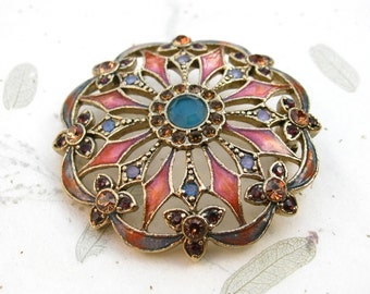 Monet Pink and Blue Enamel Rhinestone Brooch