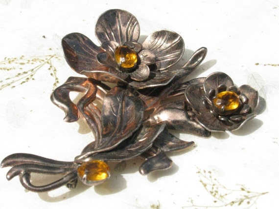 Sterling Silver Flower Brooch with Yellow Rhinest… - image 3