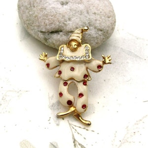 Vintage Enamel Clown Brooch Pin with Rhinestones and Jointed Waist image 2