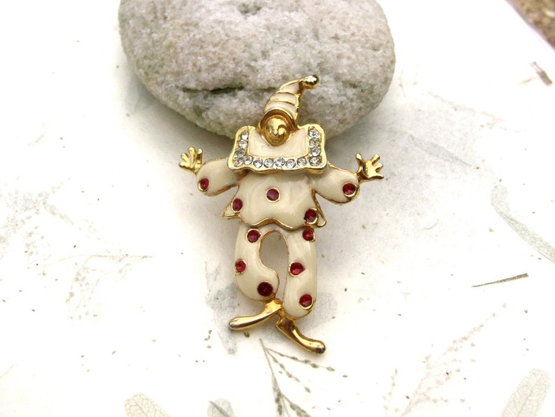 Vintage Enamel Clown Brooch Pin with Rhinestones and Jointed Waist image 2