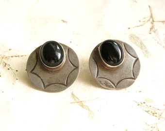 Retro Silver Obsidian Earrings with American Indian Design
