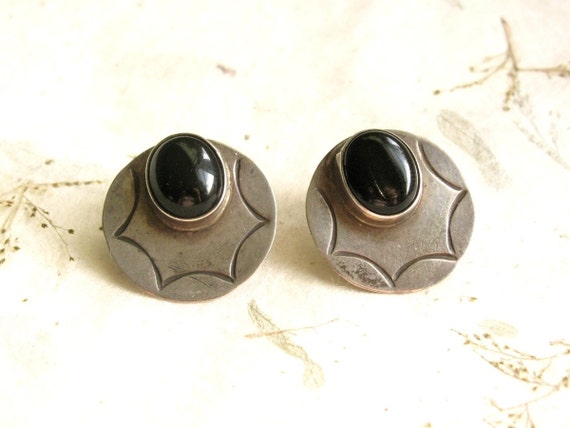 Retro Silver Obsidian Earrings with American Indi… - image 1