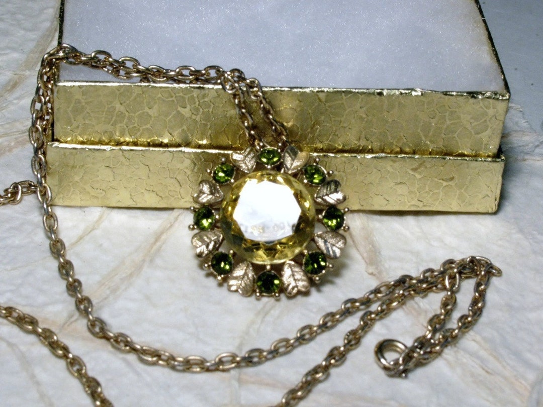 Vintage Avon Yellow and Green Rhinestone Pendant Brooch - Etsy