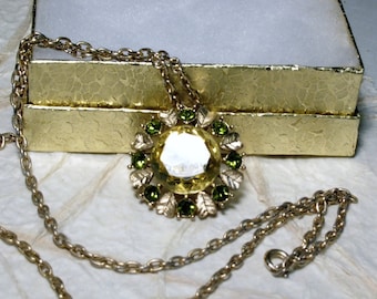 Vintage Avon Yellow and Green Rhinestone Pendant Brooch Necklace