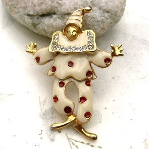 Vintage Enamel Clown Brooch Pin with Rhinestones and Jointed Waist image 1