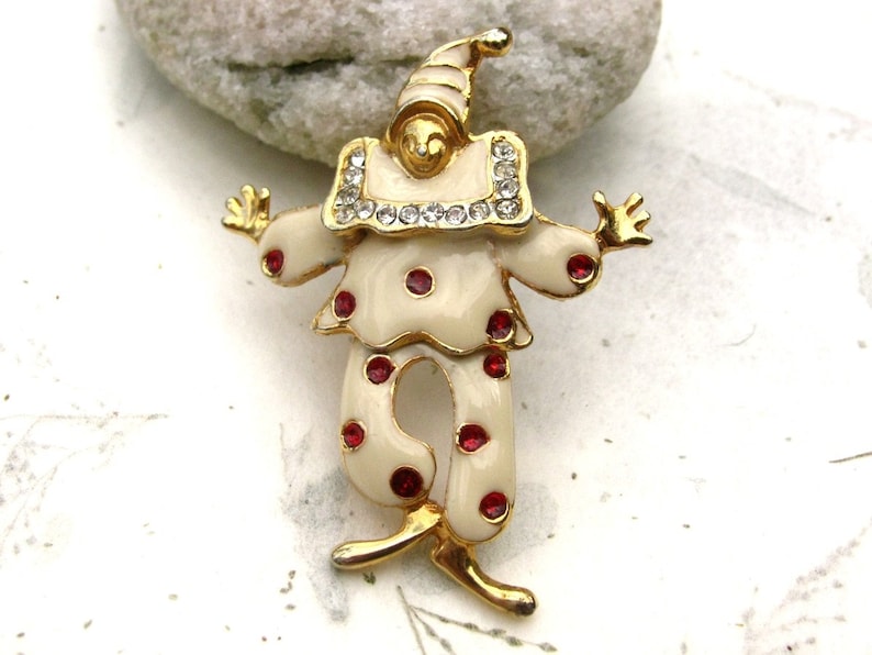 Vintage Enamel Clown Brooch Pin with Rhinestones and Jointed Waist image 1