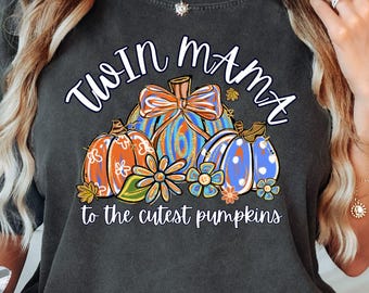 Camiseta de otoño Comfort Colors Twin Mama: Camiseta de Halloween con calabazas