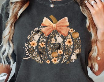 Camiseta de otoño para mamá de gemelos con colores cómodos, linda camiseta preppy de Halloween con diseño de calabaza y flores, camiseta retro de otoño para mamá, regalo de Halloween para mamá de gemelos