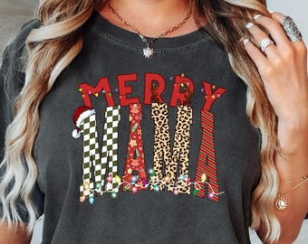 Comfort Colors Merry Mama Shirt, Christmas Mama tshirt, Holiday Mom Tee, Xmas Mama, Holiday Leopard Plaid Mama Shirt Design, Gift for Mom