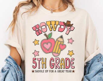 Camiseta de quinto grado con colores cómodos, camiseta del equipo de maestros de quinto grado, linda camiseta de quinto grado, regreso a clases estilo western, camiseta vaquera para maestro