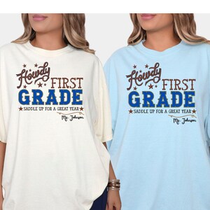 Comfortkleuren, leraar eerste leerjaar, teamshirt leraar eerste leerjaar, gepersonaliseerd leraarsshirt, western terug naar school, cowboyshirt leraar