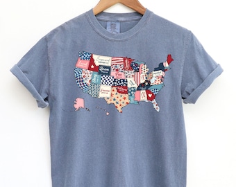 Carte courtepointe vintage des États-Unis, chemise 4 juillet couleurs confort, t-shirt américain, Memorial Day, indépendance, patriotique, rouge, blanc et bleu