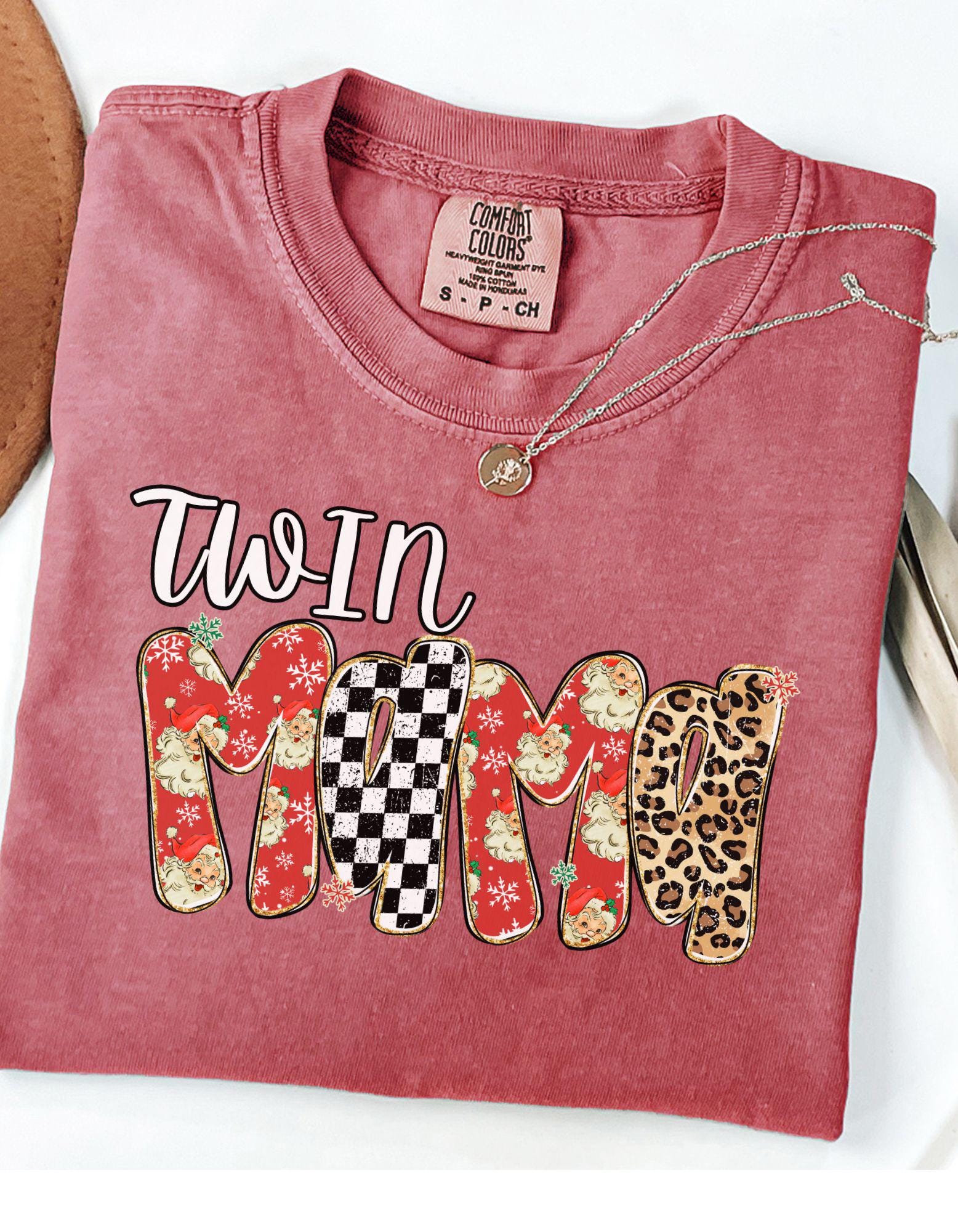 Comfort Colors Twin Mama Christmas Tshirt, Preppy Floral Gingham