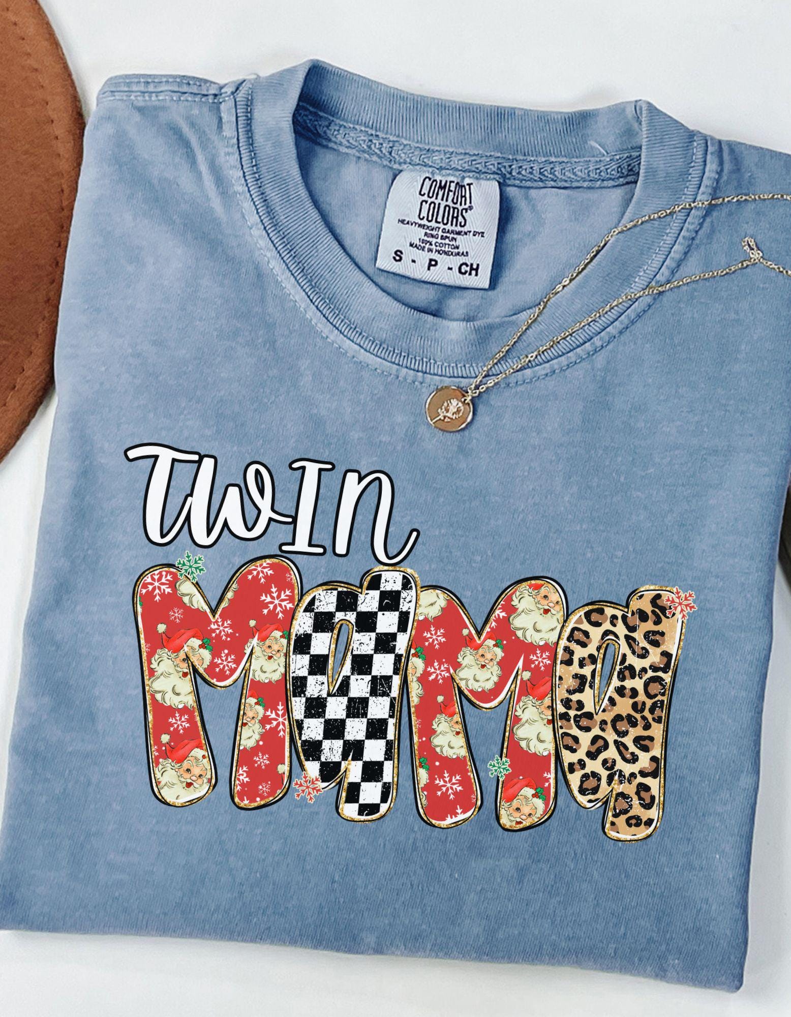 Comfort Colors Twin Mama Christmas Tshirt, Preppy Floral Gingham