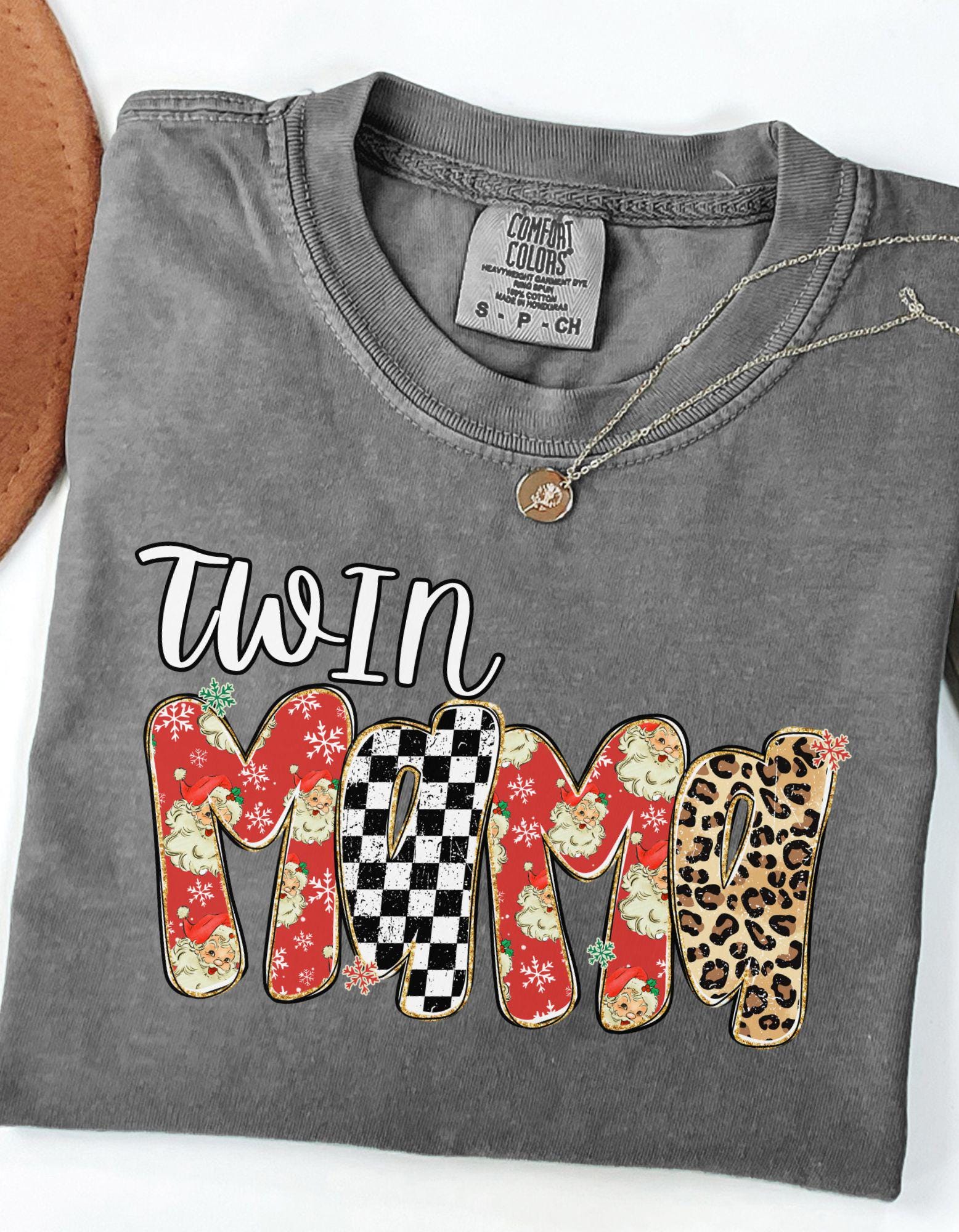 Comfort Colors Twin Mama Christmas Tshirt, Preppy Floral Gingham