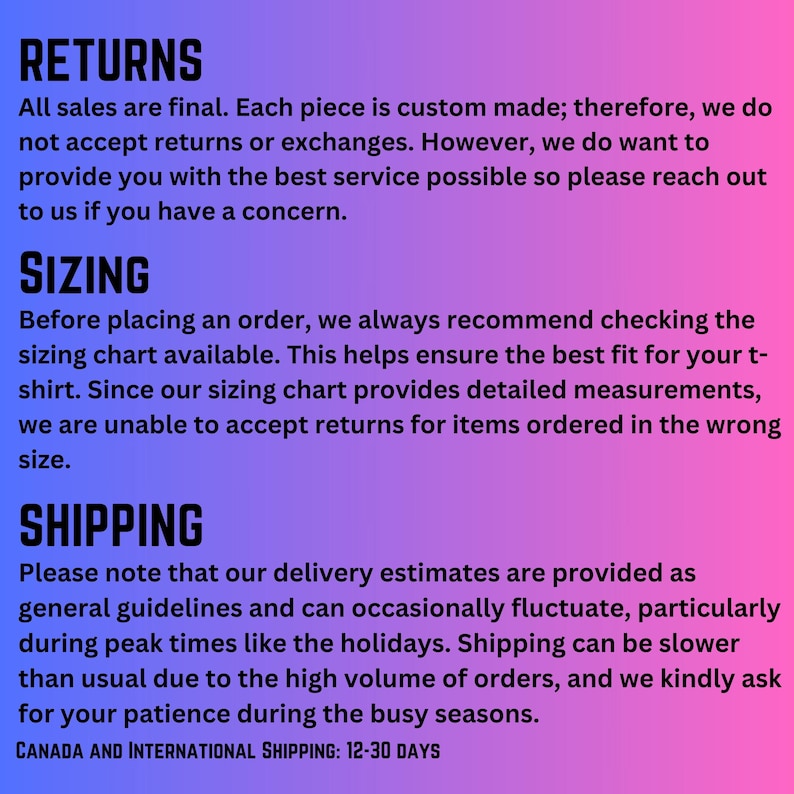 Puede incluir: Un gr&aacute;fico informativo rectangular con un fondo degradado de violeta a rosa y texto en negro. Las secciones se titulan RETURNS, SIZING y SHIPPING, proporcionando detalles sobre pol&iacute;ticas de tienda, recomendaciones de tallas y plazos de entrega.