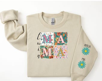 Sudadera con estampado floral para mamá gemela, diseño de mangas, camiseta personalizada con nombres de niños, regalo para mamá, regalo para el día de la madre, gemelos en espera, regalo para baby shower