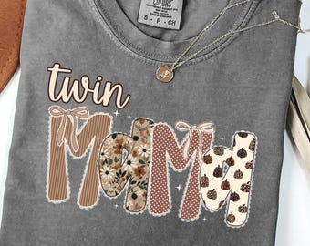 Camiseta Comfort Colors Twin Mama: Camiseta floral preppy para mamá de otoño