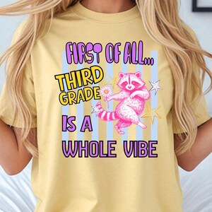 Puede incluir: Una camiseta de manga corta color amarillo p&aacute;lido con un gr&aacute;fico de un mapache rosa sosteniendo una margarita blanca. El texto dice: FIRST OF ALL... THIRD GRADE IS A WHOLE VIBE. El dise&ntilde;o incluye rayas verticales azul claro y estrellas amarillas.