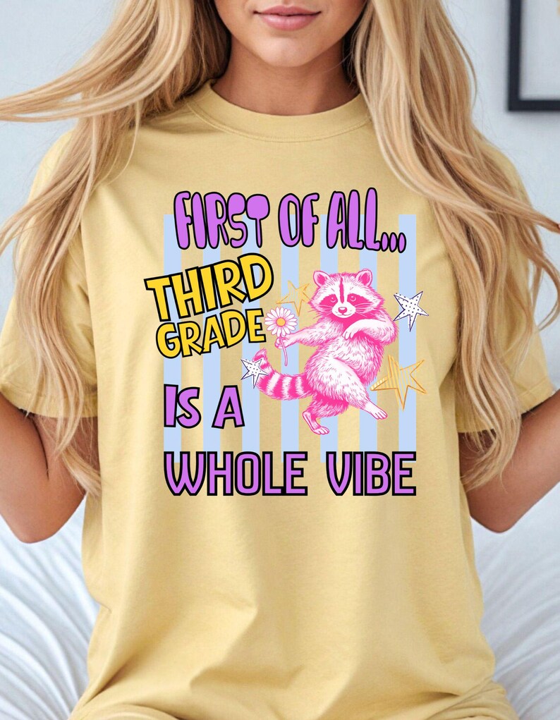 Puede incluir: Una camiseta de manga corta color amarillo p&aacute;lido con un gr&aacute;fico de un mapache rosa sosteniendo una margarita blanca. El texto dice: FIRST OF ALL... THIRD GRADE IS A WHOLE VIBE. El dise&ntilde;o incluye rayas verticales azul claro y estrellas amarillas.
