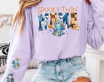 Camisa de mamá gemela espeluznante de colores cómodos, mamá gemela de Halloween, camisa de mamá de Halloween, fantasma de patchwork, fantasmas gemelos, nombre personalizado de Halloween, regalo para mamá
