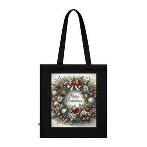 Merry Christmas Organic Cotton Tote Bag, Eco-Friendly Gift Bag, Holiday Shopping Tote, Festive Market Bag, Reusable Christmas Tote