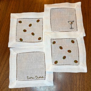 Custom Cocktail Napkins, Hemstitch Linen Monogrammed Cocktail Napkin, Embroidered