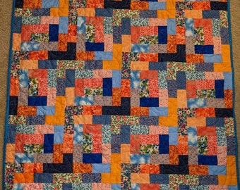 Orange and blue lap, baby, wheelchair, table topper quilt. Church house steps design. Ready to ship