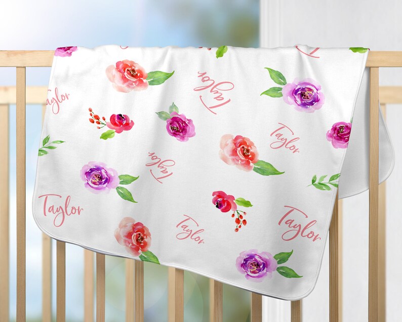 Baby Girl Personalized Blanket with Watercolor Flowers in Etsy
